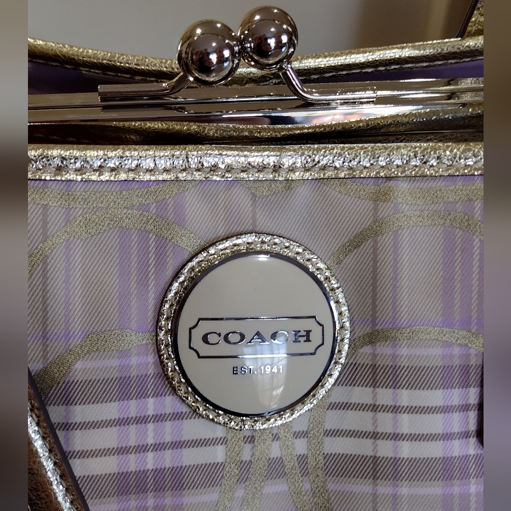 NWT COACH Signature Beige Striped Tartan Plaid Carryall Bag - Picture 10 of 17